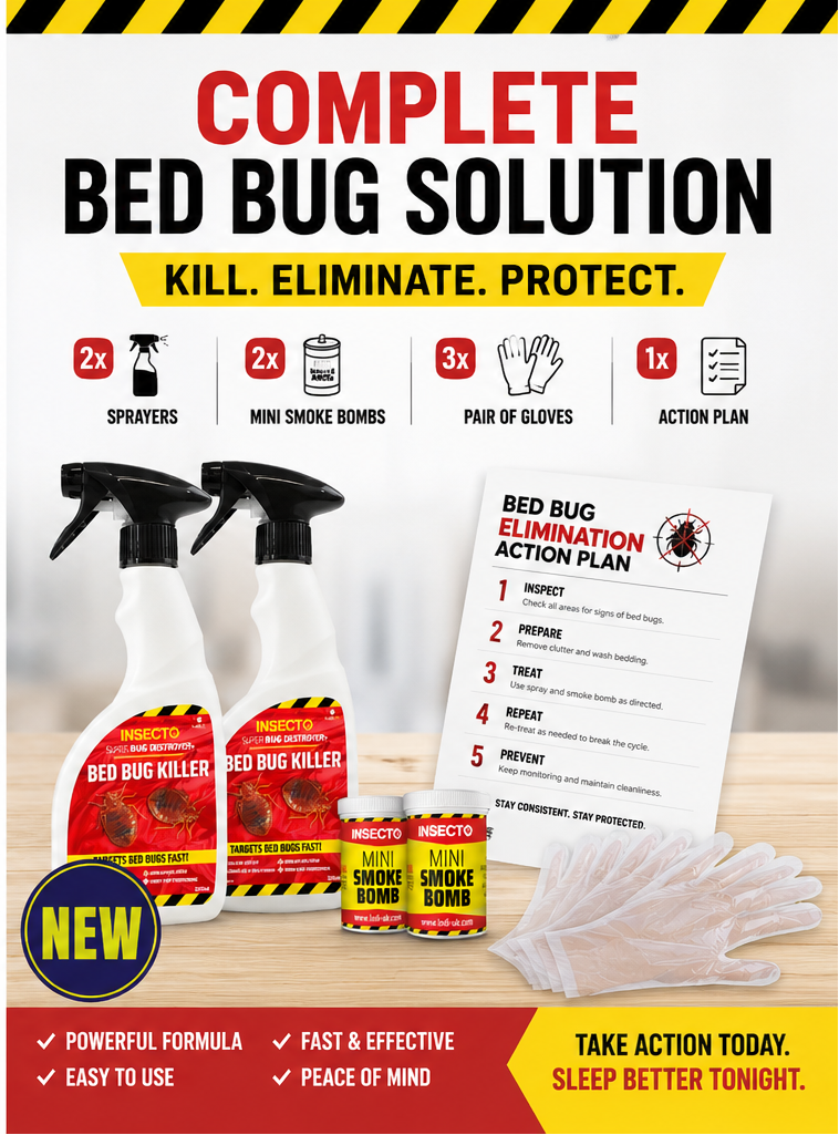 Bed Bug Killer Spray kit. 2 x spray, 2 x Smoke Bombs, 3 pr Gloves, Action plan booklet
