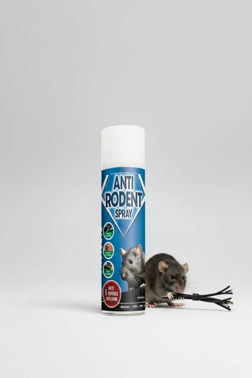 Anti chew spray protects wiring on vehicles, property and machinery from chewing by Rats Mice & Squirrels